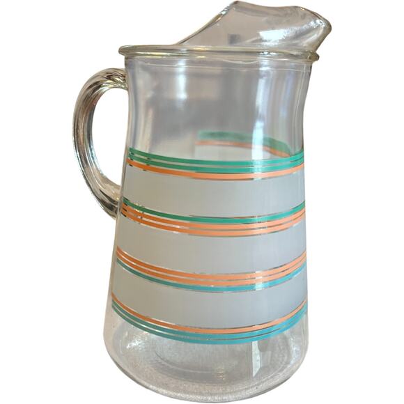 Vintage Striped Glass Pitcher Turquoise Peach Retro - Picture 3 of 8